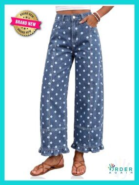 High Waisted Wide Leg Jeans Ruffle Hem Front Seam Loose Denim Trousers